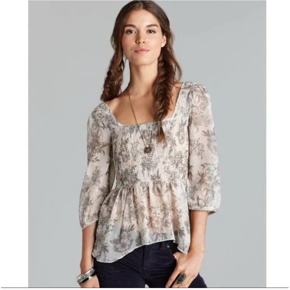 Free People Ever After Floral 3/4 Sleeve Smocked Blouse Small - Picture 12 of 12